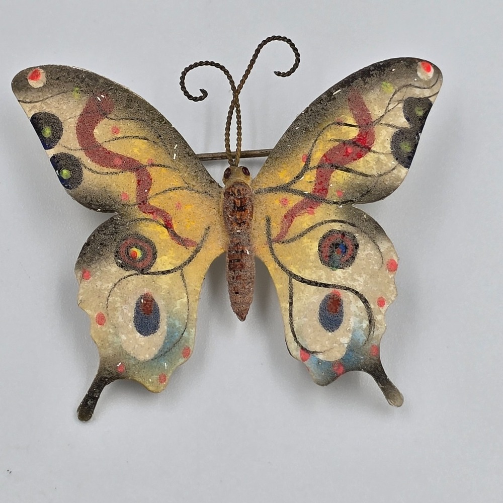 Vintage Sugar Frosted Enamel Butterfly Brooch Pin Gold Tone Korea Signed Flocked - Picture 2 of 9